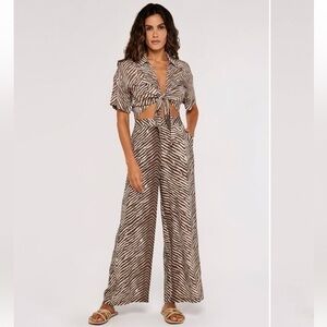 Apricot Brown & Creme Zebra Print Wide Leg Flowy Beach Pants Size 6